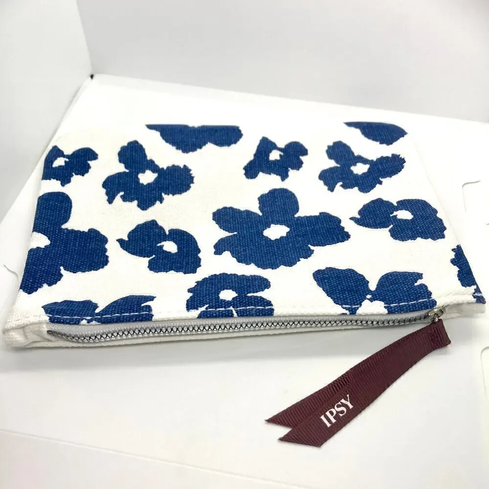 White and Blue Floral Cosmetics Makeup Bag